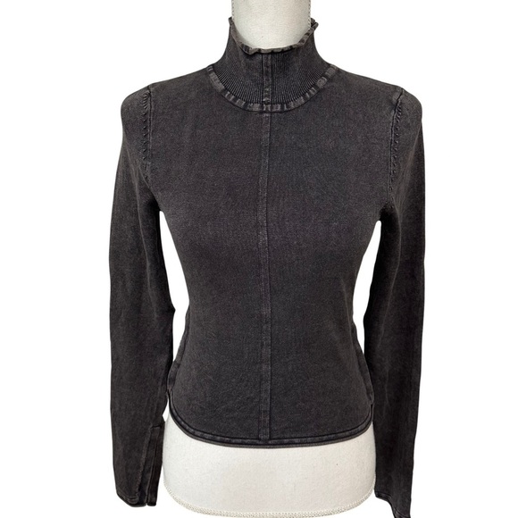 Zara Mock Neck Top Long Sleeve Hook Eye Closure SZ S Acid Wash Black Grunge NWT - Picture 1 of 9